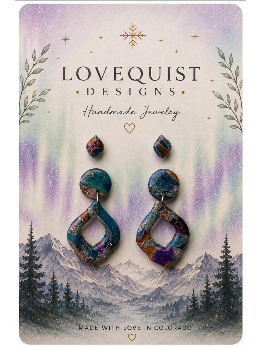 Stjärnvirvel | Matching Aurora Dangle & Stud Polymer Clay Earring Set